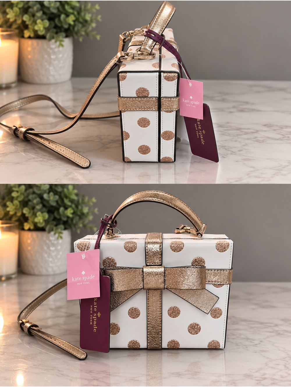 kate spade White with Rose Gold Polka Dot Mini Box Bag